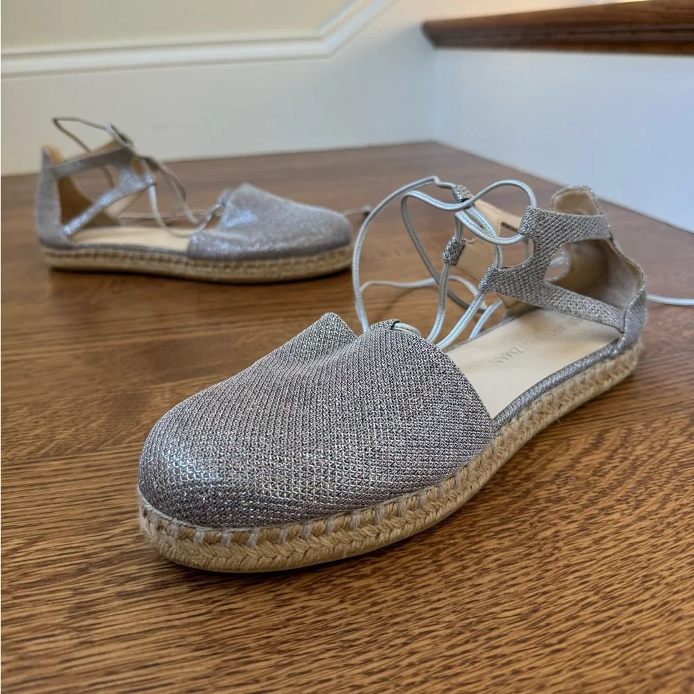 STUART WEITZMAN Walk My Way Glitter‎ Lace Up Espadrilles Metallic Feminine 9.5